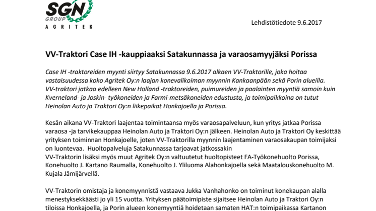 VV-Traktori Case IH -kauppiaaksi Satakunnassa ja varaosamyyjäksi Porissa
