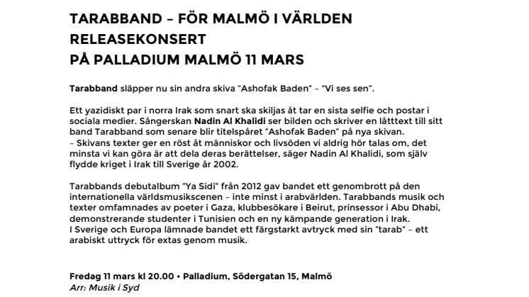 Tarabband – för Malmö i världen – Releasekonsert på Palladium Malmö 11 mars