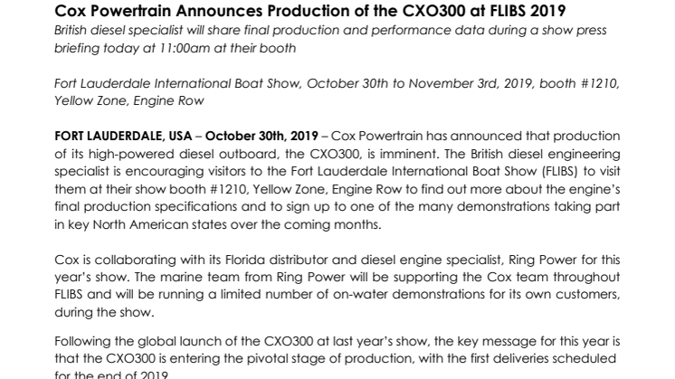 FLIBS 2019: Cox Powertrain Announces Production of the CXO300 