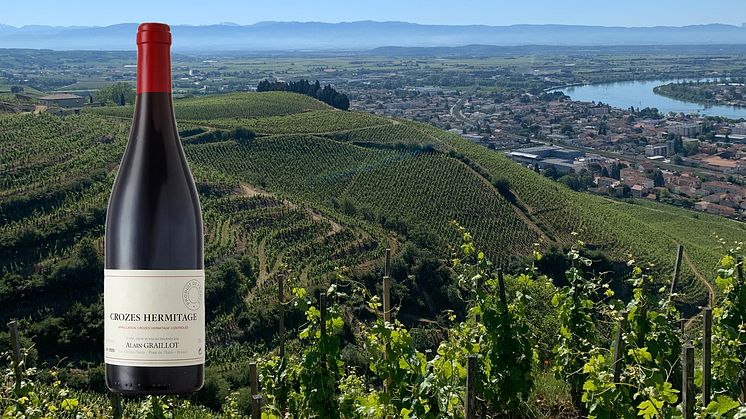 Alain Graillot Crozes-Hermitage 2018 och utsikten över Crozes Hermitage och Rhônedalen