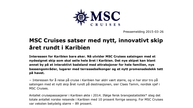 MSC Cruises satser med nytt, innovativt skip året rundt i Karibien