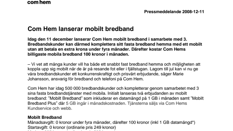 Com Hem lanserar mobilt bredband