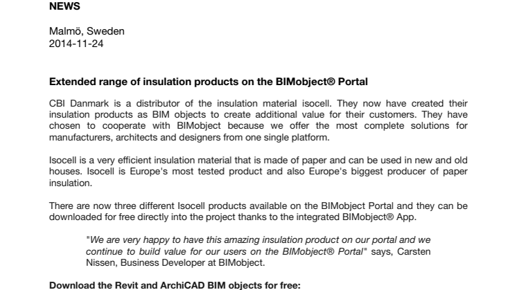 Extended range of insulation products on the BIMobject® Portal