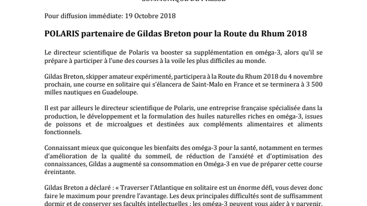 COMMUNIQUÉ DE PRESSE: POLARIS partenaire de Gildas Breton pour la Route du Rhum 2018