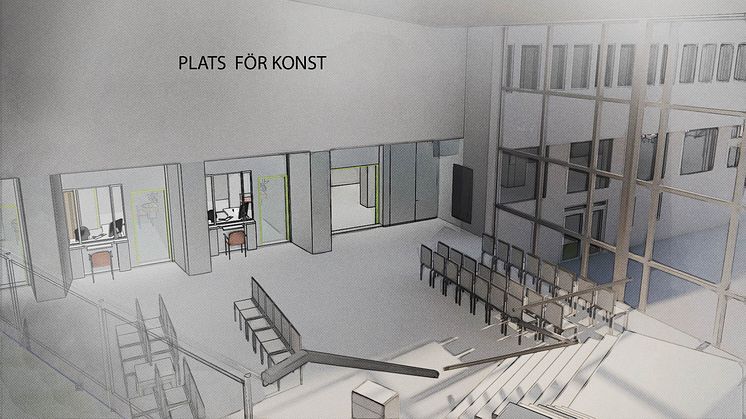 Syntolkning: Arkitektskiss över ny entréhall med vägg för gestaltning utmärkt med texten Plats för konst.