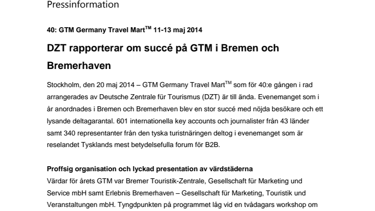 DZT rapporterar om succé på GTM i Bremen och Bremerhaven