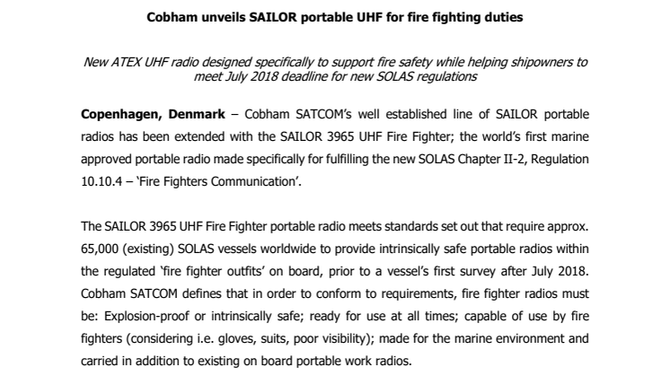 Cobham SATCOM: Cobham Unveils SAILOR Portable UHF for Fire Fighting Duties