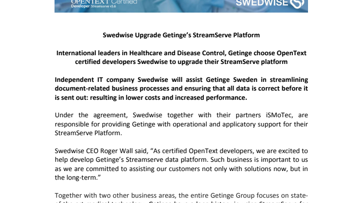 Swedwise uppgraderar Getinges StreamServe-plattform