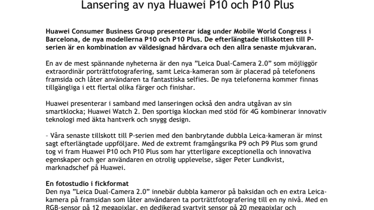 Lansering av nya Huawei P10 och P10 Plus