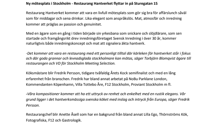 ​Ny mötesplats i Stockholm - Restaurang Hantverket flyttar in på Sturegatan 15