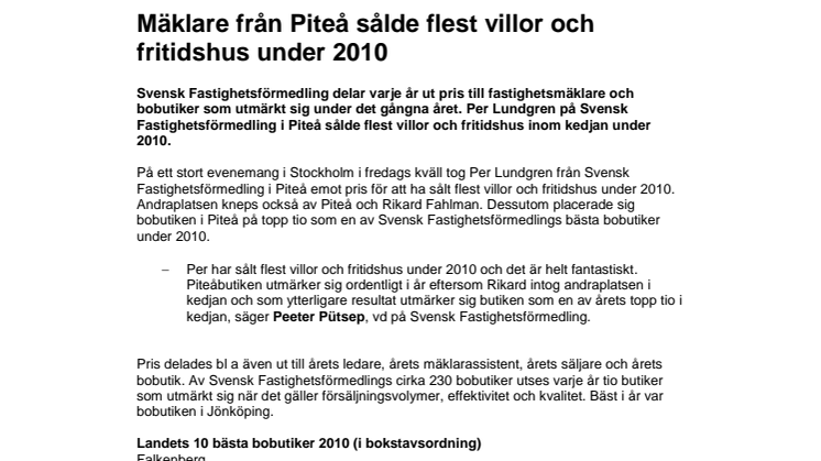 Mäklare från Piteå sålde flest villor och fritidshus under 2010