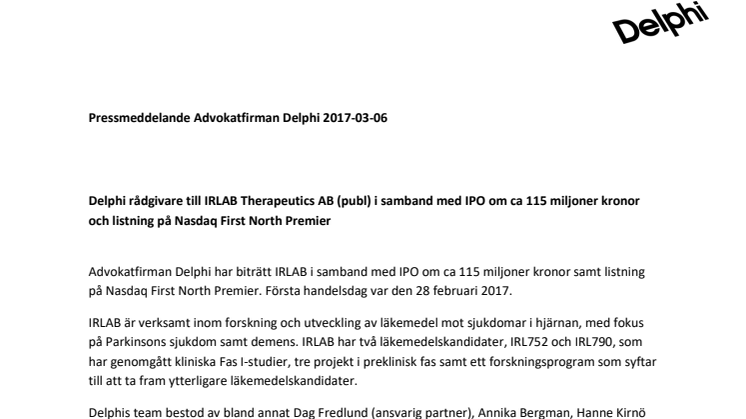 Delphi rådgivare till IRLAB Therapeutics AB (publ) i samband med IPO om ca 115 miljoner kronor och listning på Nasdaq First North Premier