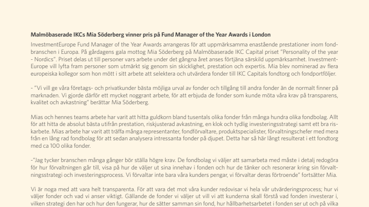 Malmöbaserade IKCs Mia Söderberg vinner pris på Fund Manager of the Year Awards i London