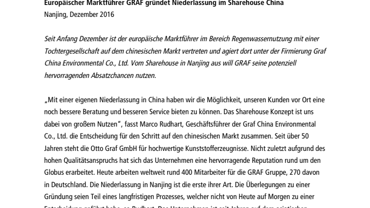 Europäischer Marktführer GRAF gründet Niederlassung im Sharehouse China