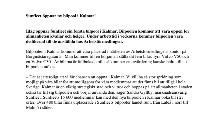 Sunfleet öppnar ny bilpool i Kalmar! 
