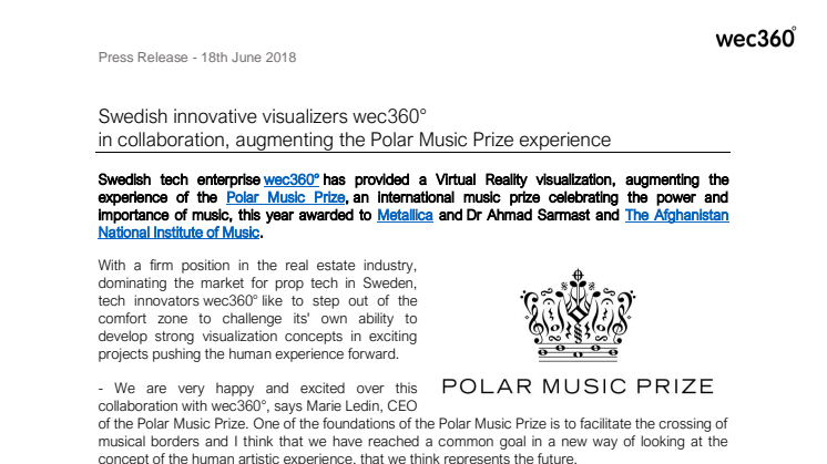 Swedish innovative visualizers wec360°  in collaboration, augmenting the Polar Music Prize experience