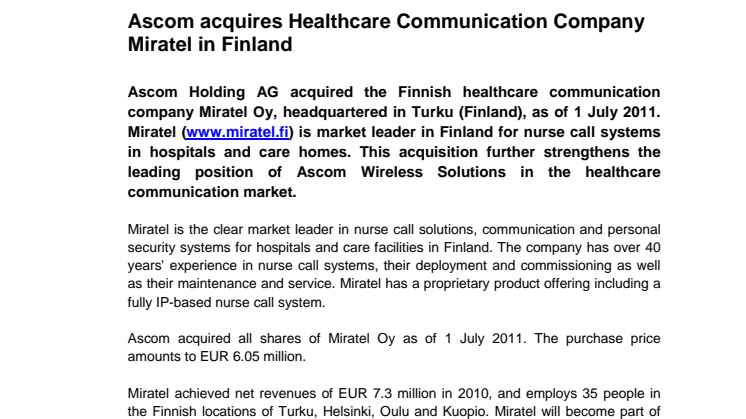 Ascom acquires Healthcare Communication Company Miratel in Finland