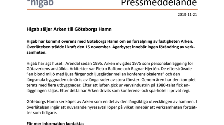 Higab säljer Arken till Göteborgs Hamn