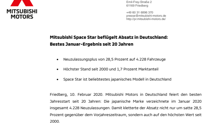 Mitsubishi Space Star beflügelt Absatz in Deutschland: Bestes Januar-Ergebnis seit 20 Jahren