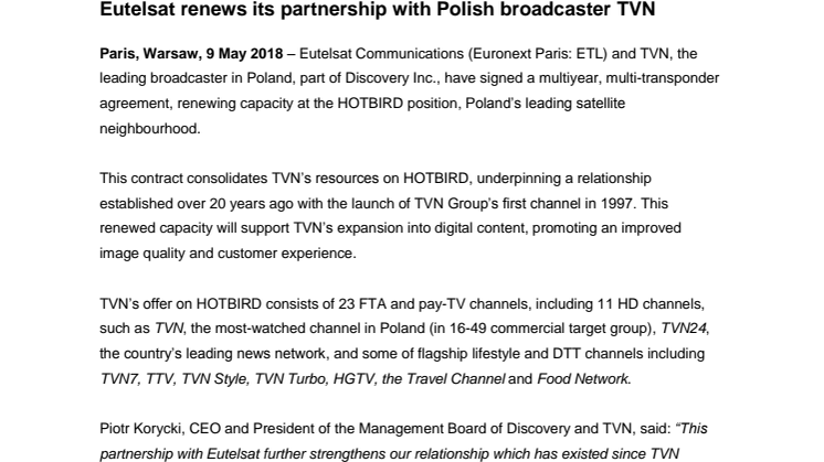 ​​Eutelsat renews its partnership with Polish broadcaster TVN 