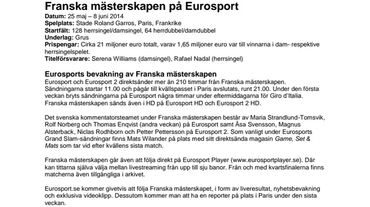 Pressinfo: Franska mästerskapen i tennis 2014 på Eurosport