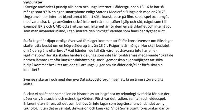 Surfa Lugnts Remissvar GDPR