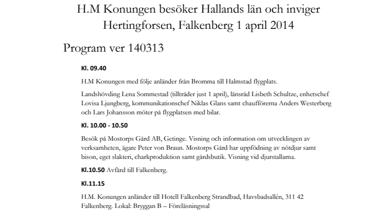 Program för Kungens besök i Halland och invigningen av Hertingforsen i Falkenberg