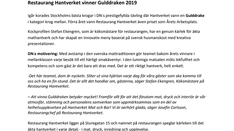 Restaurang Hantverket vinner Gulddraken 2019