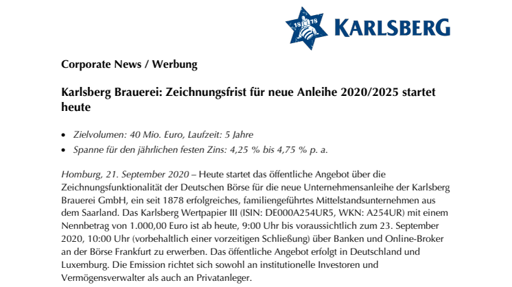 Karlsberg Brauerei: Zeichnungsfrist für neue Anleihe 2020/2025 startet heute