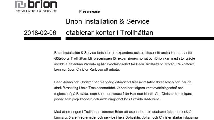 Brion Installation & Service etablerar kontor i Trollhättan