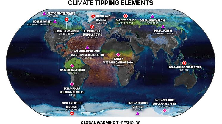 Summary Map by Earth Commission/Globaïa. Caption: The location of climate tipping elements inthe cryosphere (blue), biosphere (green) and ocean/atmosphere (orange), and global warminglevels their tipping points will likely be triggered at.
