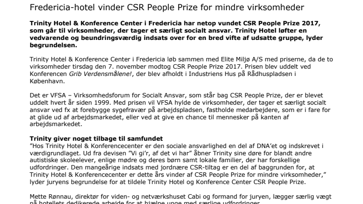 Fredericia-hotel vinder CSR People Prize for mindre virksomheder