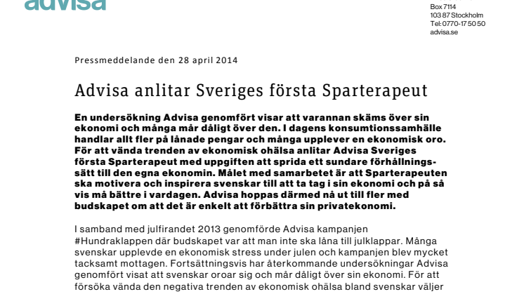 Advisa anlitar Sveriges första Sparterapeut