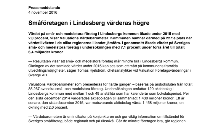 Värdebarometern 2015 Lindesbergs kommun