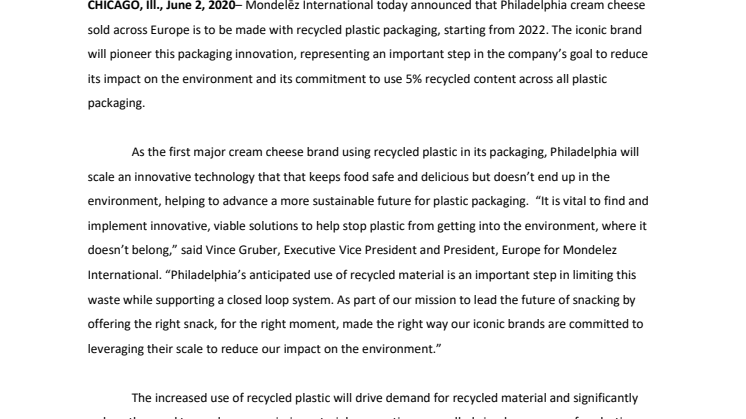 Mondelēz International Announces Significant Packaging Innovation with Philadelphia Packaging Set to be Made with Recycled Plastic.