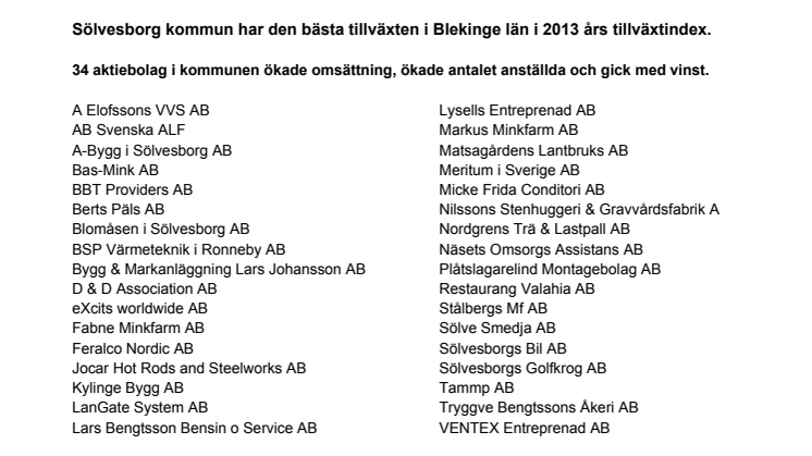 Bästa Tillväxt 2013 - Företag i Sölvesborg