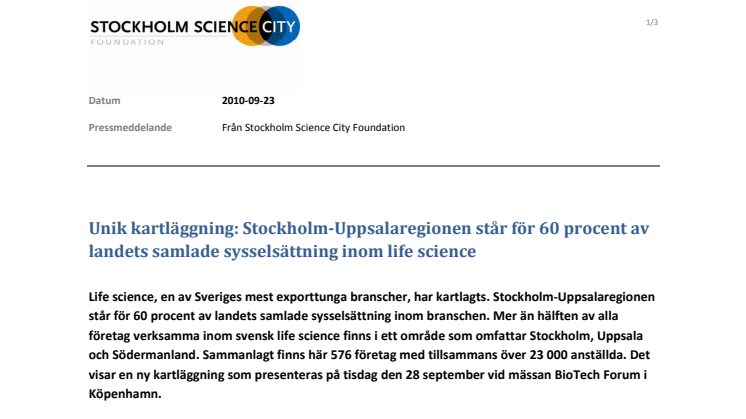 Unik kartläggning: Stockholm-Uppsalaregionen står för 60 procent av landets samlade sysselsättning inom life science