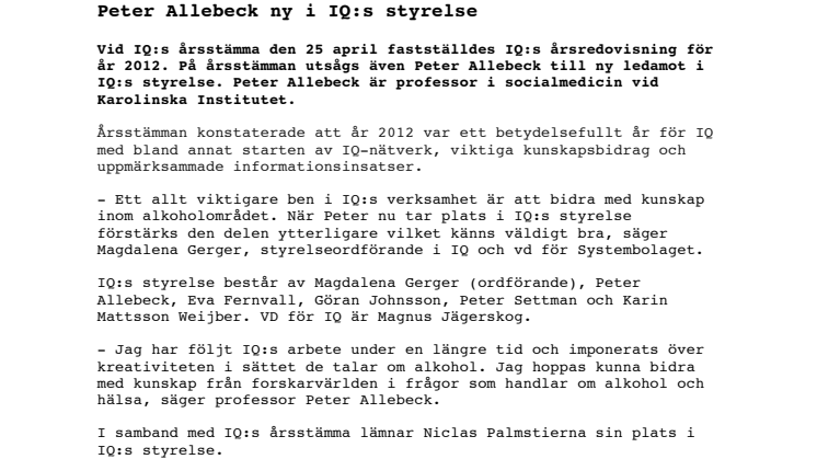 Peter Allebeck ny i IQ:s styrelse