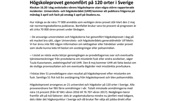 Högskoleprovet genomfört på 120 orter i Sverige
