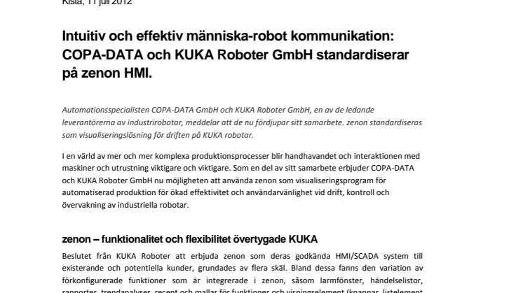 Intuitiv och effektiv människa-robot kommunikation: COPA-DATA och KUKA Roboter GmbH standardiserar på zenon HMI.