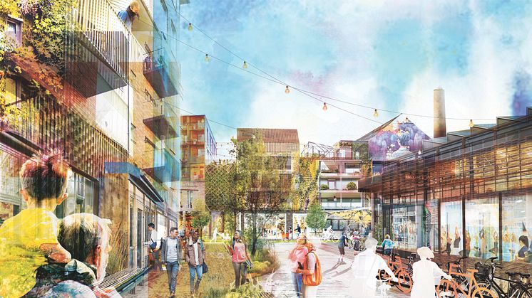 Visonsbild för framtidens Västerbro. Ett kollage baserat på planerna för hur den nya stadsdelen ska utformas och byggas. Bild: Lunds kommun