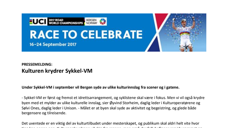 Pressemelding: Kulturen skal krydre Sykkel-VM i Bergen