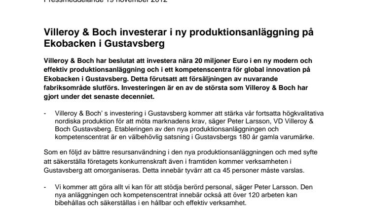 Villeroy & Boch investerar i ny produktionsanläggning på Ekobacken i Gustavsberg