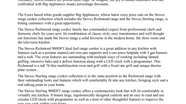 Big Appliances has best prices for Stoves range cookers