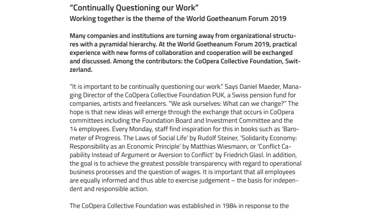 “Continually Questioning our Work”. ​Working together is the theme of the World Goetheanum Forum 2019