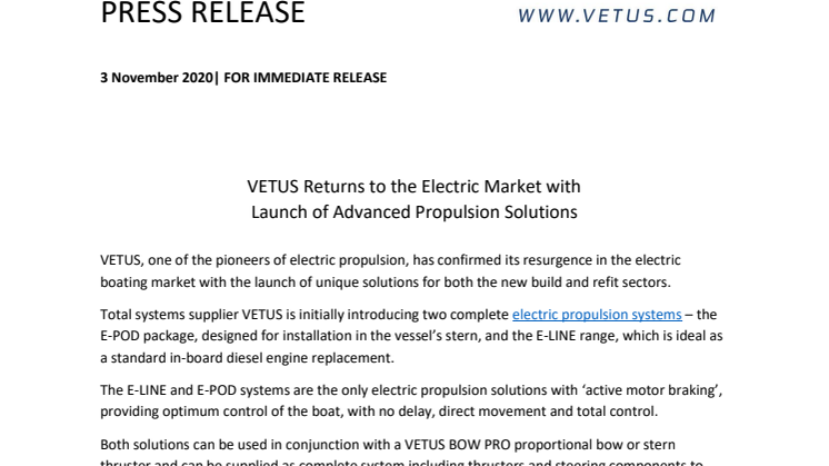 VETUS Returns to the Electric Market