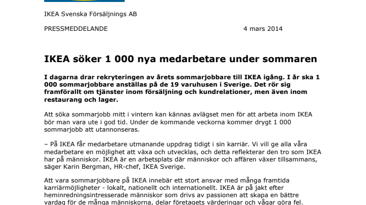 IKEA söker 1 000 nya medarbetare under sommaren