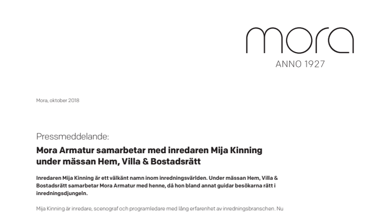 Mora Armatur samarbetar med inredaren Mija Kinning under Hem, Villa & Bostadsrätt