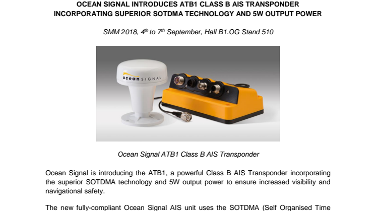 Ocean Signal Introduces ATB1 Class B AIS Transponder