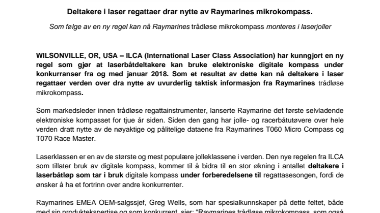 Raymarine: Deltakere i laser regattaer drar nytte av Raymarines mikrokompass